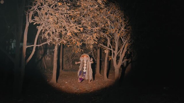Spooky Rangda Witch Dancing in Dark Woods