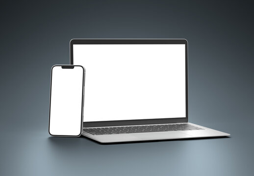 Modern laptop and smartphone on dark background with blank screens for mockup and app UX user experience. 3d rendering