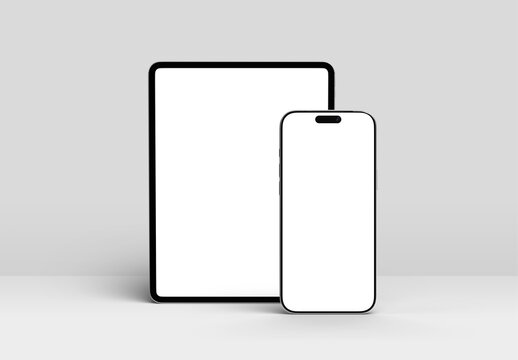 Modern smartphone and tablet on white with blank screens for mockup and app UX user experience.  Silver color. 3d rendering 
