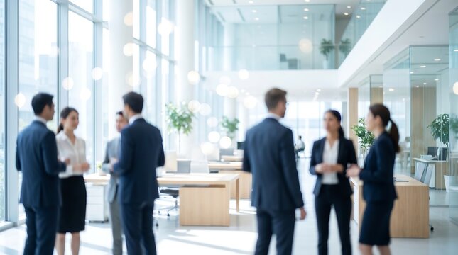 Blurred business professionals networking in bright modern office atrium during corporate event with soft bokeh light effects and professional environment in contemporary architecture