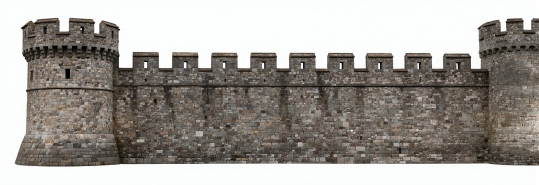 Stone castle wall section with two round towers and crenellations. The ancient fortification displays a rough texture and is set against a clean white background for easy compositing.