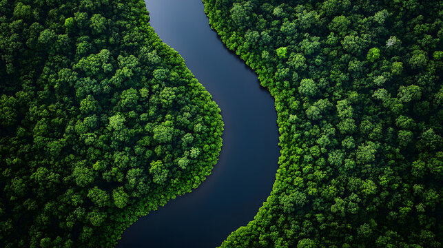 Aerial view of a winding river flowing through a lush green dense forest