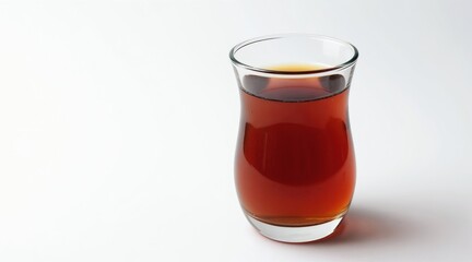 Naklejka na ściany i meble Black tea in a transparent glass cup. Amber liquid fills curved vessel on clean white background. Perfect for hot beverages or refreshment ads.