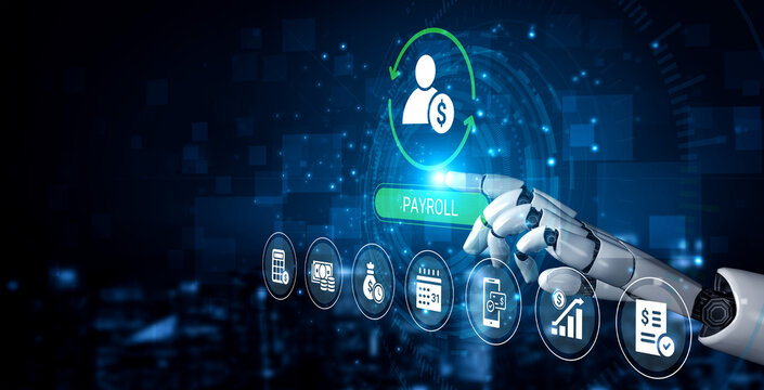 A robotic finger interacts with a payroll icon on a digital interface, symbolizing the integration of automation in financial processes and modern business solutions. Cyphers