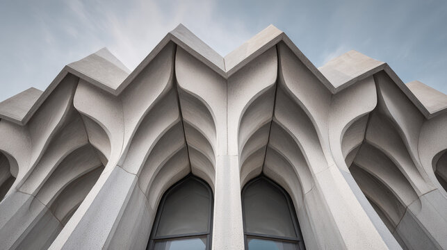 Looking up at a modern concrete building facade with arches and peaks.
