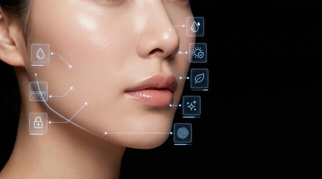 Closeup of a Womans Face with Futuristic Digital Interface Overlay.