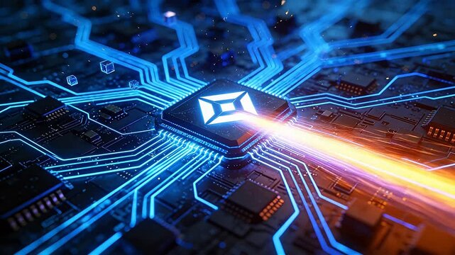 Central microchip with geometric logo surrounded by blue circuits and floating cubes