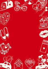Naklejka premium Romantic template. Wedding and valentines day card with wedding essentials in red and beige colors. Party celebration and marriage graphic outline in sketch style. Vector doodle postcard illustration