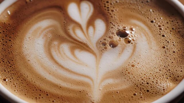 Macro top view of coffee latte art with heart-shaped white foam patterns and brown espresso crema. Detailed microfoam texture and small bubbles visible in a ceramic cup.