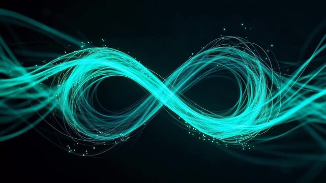 Cyan green light lines forming an infinite loop structure with flickering dots on dark background