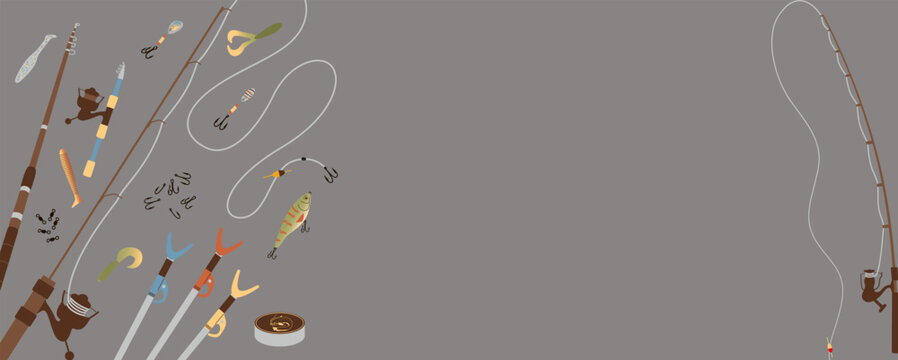 Creative vector illustration of a wide horizontal banner featuring various fishing rods hooks lures and lines on a dark background with empty space for your text. Vector illustration