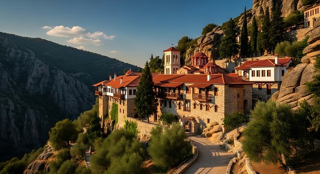 Historic monastery complex on mountain cliff overlooking valley