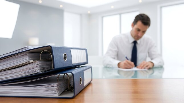 Close up of blue folders stacked on office desk with businessman working on documents in background for administrative and project management concept