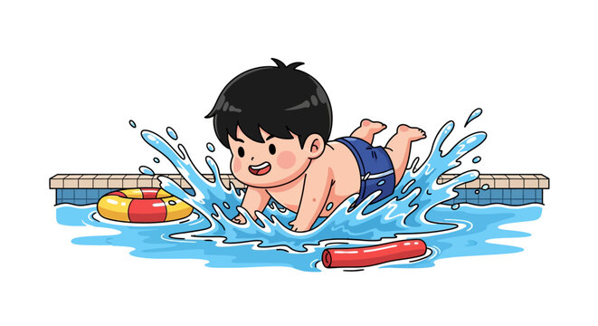 Young boy swimming energetically in colorful pool scene.