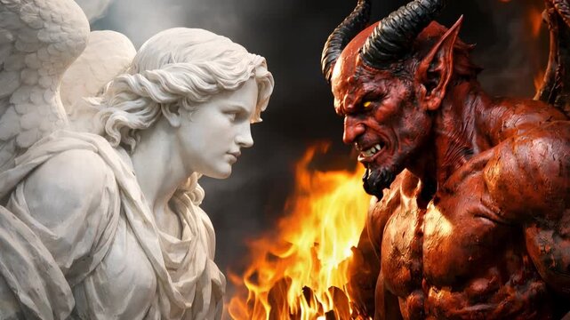 Angel and demon facing each other beside fire symbolizing good evil conflict and spiritual choice