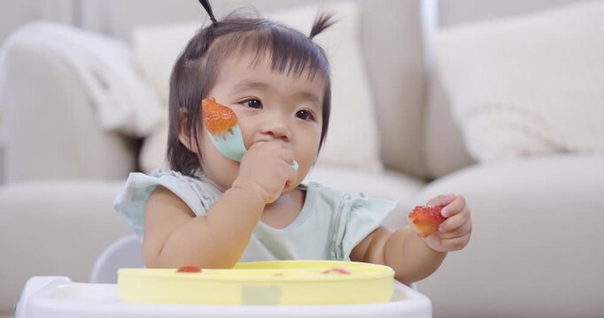 Asian toddler girl eating fruit with spoon in slow motion, adorable moment of self feeding, concept of early childhood learning, nutrition, growth, home lifestyle, family care and development