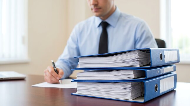 Professional businessman sitting at desk signing documents with stack of blue ring binders in foreground showing heavy workload and corporate administration tasks in bright office