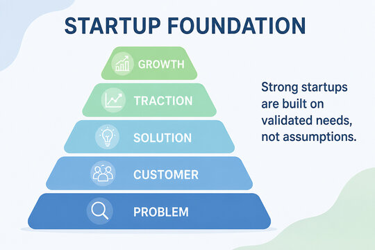 A diagram illustrates the startup foundation, showing a pyramid structure with Problem at the base and Growth at the top.