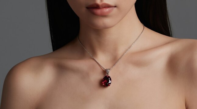 Close up of woman shoulders and neck wearing elegant silver necklace with big ruby red gemstone pendant. Studio shot with grey background. Glamour beauty shot.
