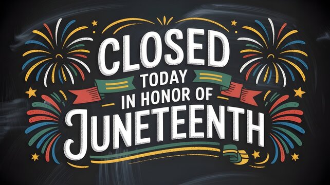 Juneteenth holiday sign, closed today in honor of juneteenth, festive chalkboard style lettering with fireworks illustration, vector illustration for business closure notice