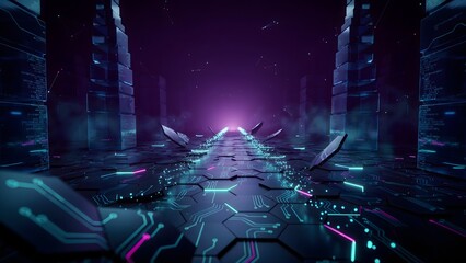 Digital cyberspace landscape with hexagonal grid pathway – Great for cyber security website banners, cloud computing ads, or virtual reality backgrounds.
