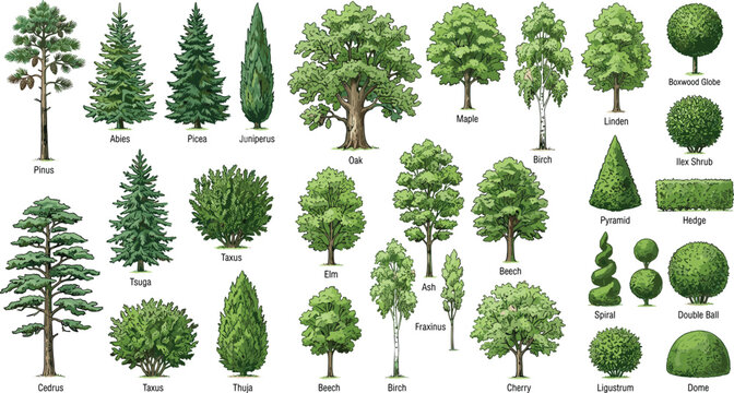Illustrated tree and shrub collection with labeled species, coniferous and deciduous forms, topiary designs, and botanical vector artwork