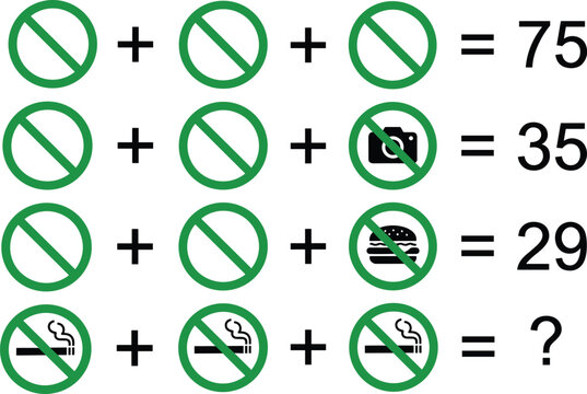 Educational vector illustration of logic puzzle with prohibition signs and icons representing arithmetic equations and problem solving concept