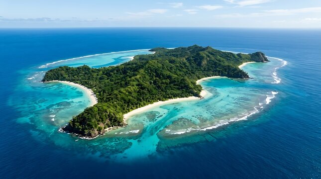 Aerial view of a serene tropical island with lush greenery and crystal clear turquoise waters surrounding a white sandy beach