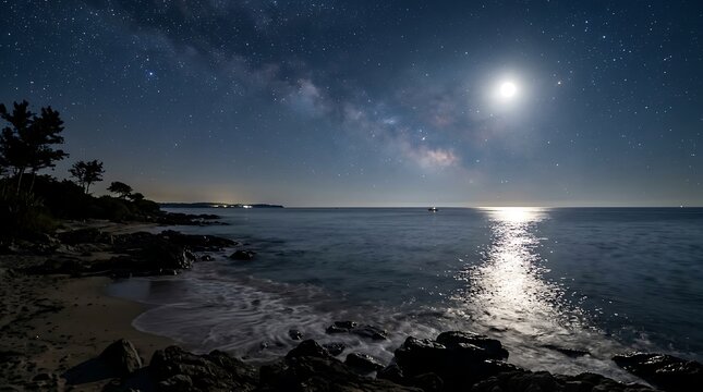 Serene nighttime beach scene with moonlight reflecting on the calm ocean waves and rocky shoreline under a starry sky with the Milky Way visible