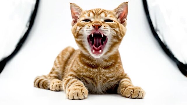A Cute Orange Tabby Kitten Yawning Widely in a Studio Setting