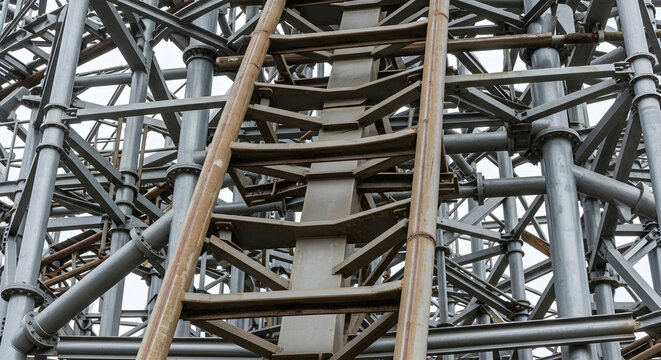 A close-up shot of a rusty metal rollercoaster track with a spiral staircase climbing up