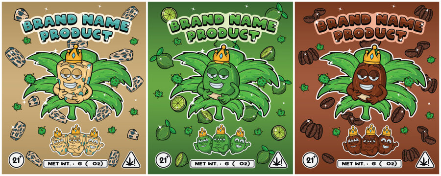 Set Cartoon of Bluecheese, Lime and bean coffee flavors with cannabis leaf, designed for logo, label or packaging