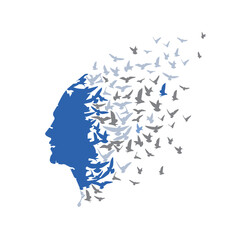 Fototapeta premium Silhouette of flock of birds flying over human head profile in minimalist monochrome illustration