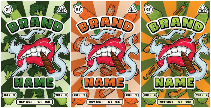 Set of Cartoon Smoking and Mouth with broccoli, carrot and papaya Strains