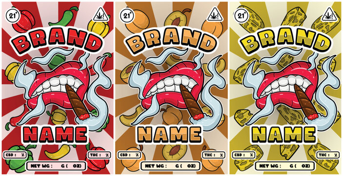 Set of Cartoon Smoking and Mouth with Paprika, apricot and cheese Strains
