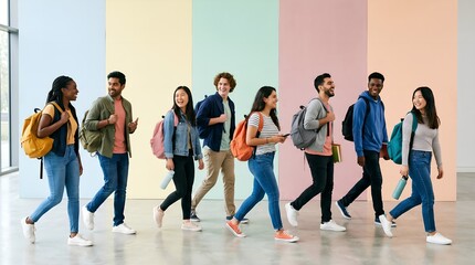 Fototapeta premium diverse group of students with backpacks, clean pastel background
