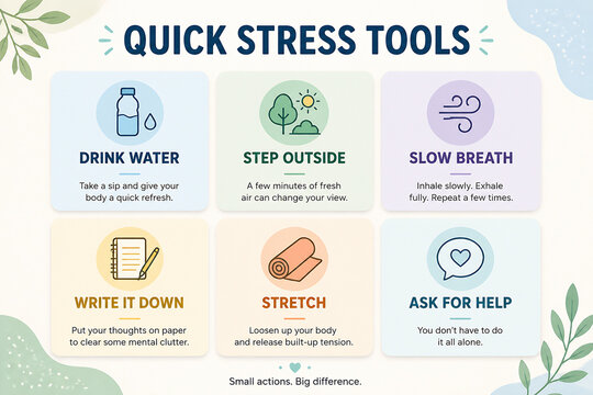 A graphic displays five quick stress relief tools: drink water, step outside, slow breath, write it down, stretch, and ask for help.