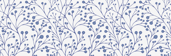 Delicate seamless botanical pattern with blue berry branches on a soft light background. Ideal for fabric, wallpaper, stationery, packaging, and elegant branding © incarnadine