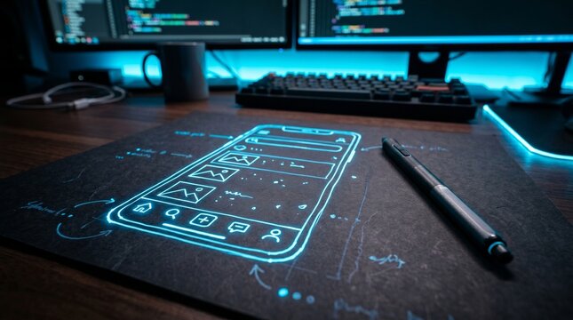 Glowing mobile UI wireframe sketch with stylus pen. Application development and software engineering concept.