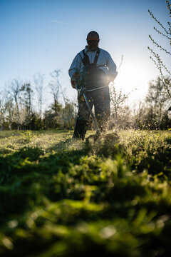 Man trimming grass with brushcutter in bright sunlight