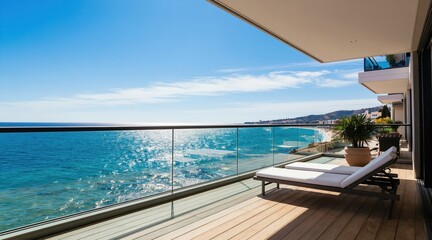 Obraz premium Modern balcony with lounge chairs faces expansive ocean view. Sunny day seascape from luxury apartment shows distant coastline, blue water and clear sky. Perfect place for relaxation.
