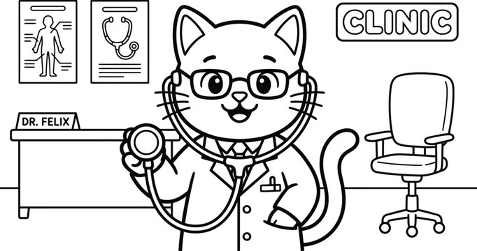 Dr felix cat doctor coloring page for kids fun veterinary clinic illustration