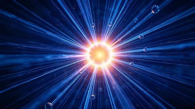 Glowing spherical core with connected orbiting spheres and radiating light lines