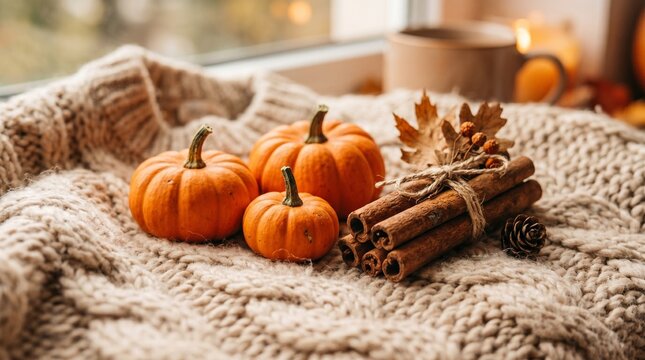 Miniature orange pumpkins and cinnamon sticks on a chunky knitted sweater. Cozy autumn holiday background.