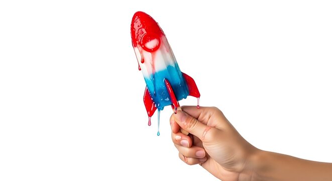 Hand holding colorful rocket shaped popsicle with melting red white and blue layers on white background