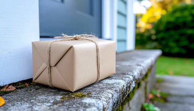 Brown paper parcel delivered on a porch doorstep outside a home
