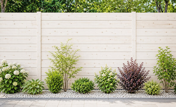Modern birch wood fence with decorative shrubs and white gravel
