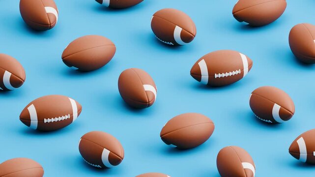 Seamless 3D Animation of American Football Balls Rolling on Blue Background, Pattern Loop