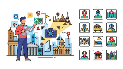 Fototapeta premium Vector illustration of a man planning a vacation using a digital map interface with landmarks, a camera, and a set of twelve icons for navigation, accommodation, and city sightseeing.