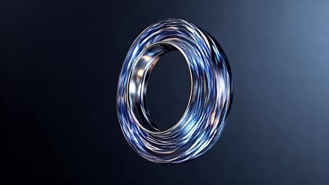 Intertwined metallic rings with blue and orange reflections on dark gradient background